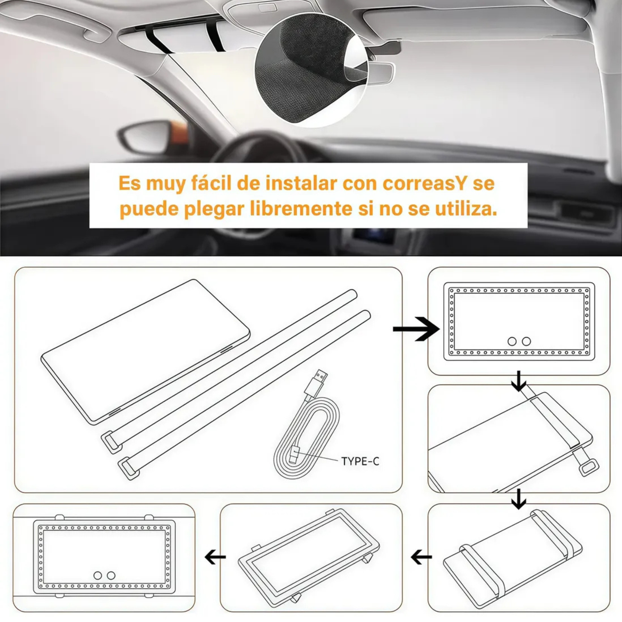 Espejo de maquillaje con luz LED para visera de coche - infografía 2