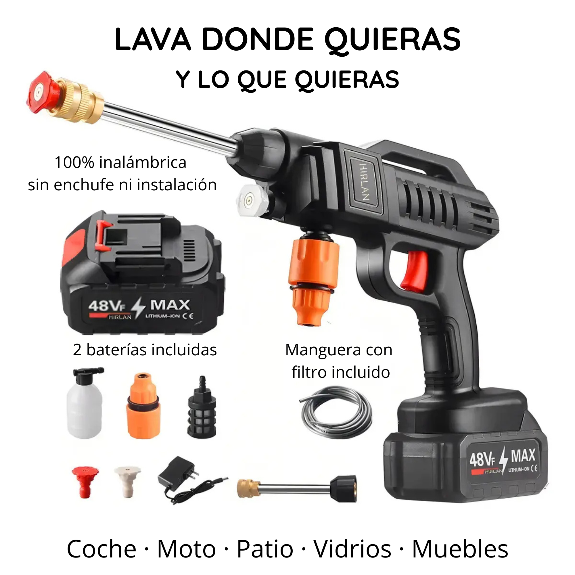 HIRLAN Pistola Lavado Coche Hidrolavadora Inalámbrico Alta Presión Color Negro